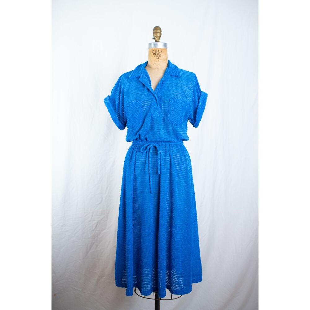 Vintage 70s Royal Blue Terry Cloth Textured Midi Dress, Indie Mod Retro, Small